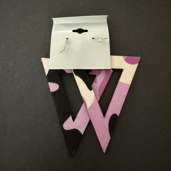 NOC Geometric Purple Camouflage Triangle Wooden Fabric Drop Earrings Lightweight - Picture 2 of 4